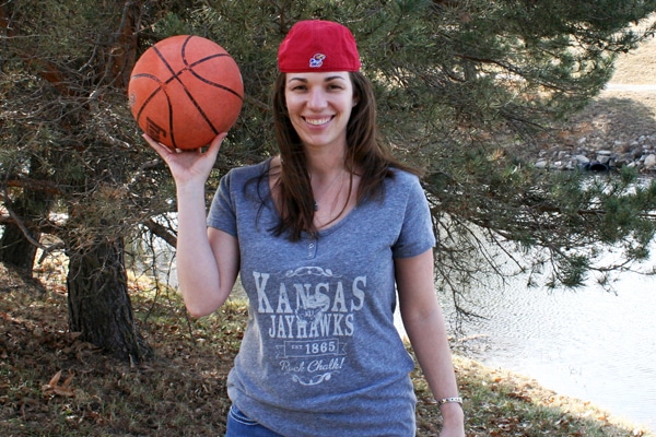 SKW projhect engineer Cheryl Bornheimer with KU gear and basketball