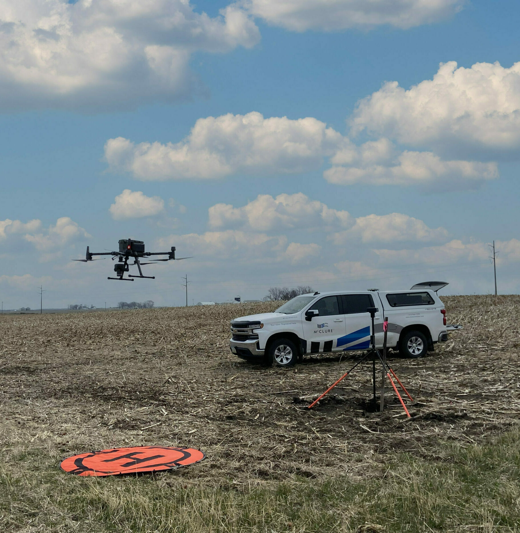 Drone flying in field